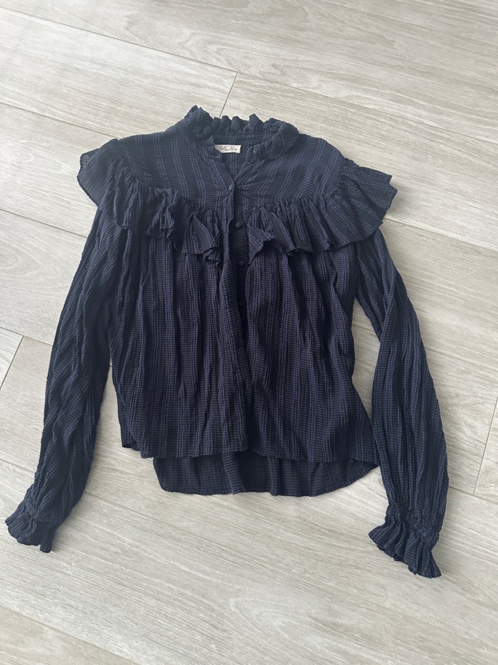LoveShackFancy Navy Ruffle-Front Long Sleeve Blouse